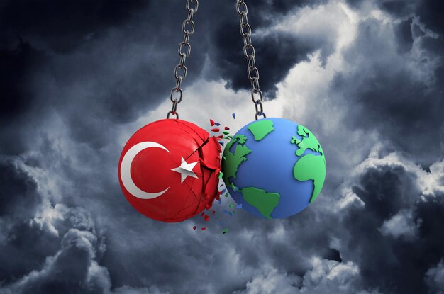 Bola de la bandera de Turquía chocando contra el impacto global del planeta tierra y el concepto de desastre d render