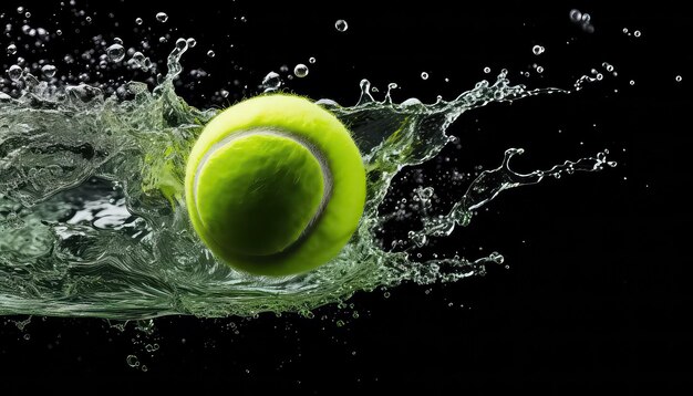 Foto bola de béisbol o de tenis verde con gotas de agua volando sobre un fondo negro