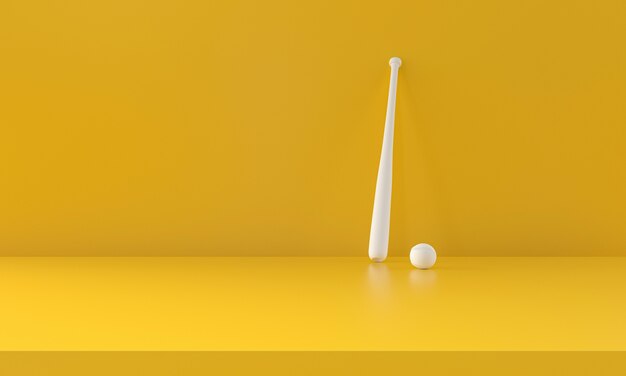 Bola blanca y bate de béisbol sobre fondo amarillo. Representación 3D.