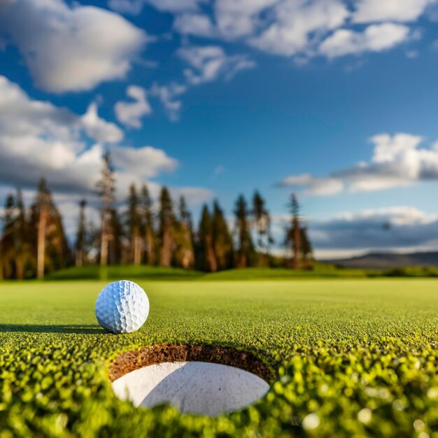 Bola blanca colocada sobre hierba verde cerca del agujero en el suelo contra el cielo azul nublado durante el partido de golf