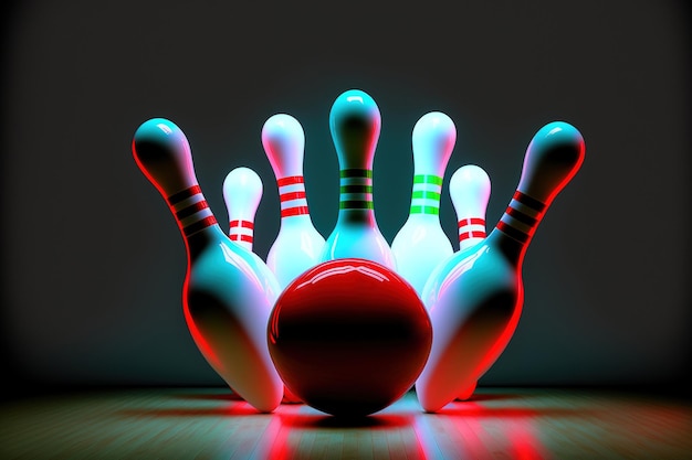 Una bola de boliche está frente a un par de bolos.