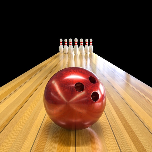 Bola de boliche roja con pista clásica y render 3d de bolos