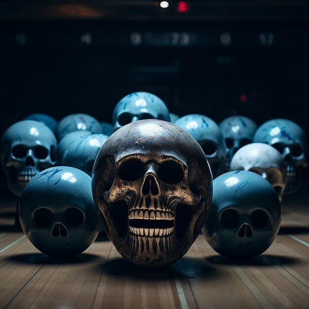 Foto bola de bolos aterradora y alfileres