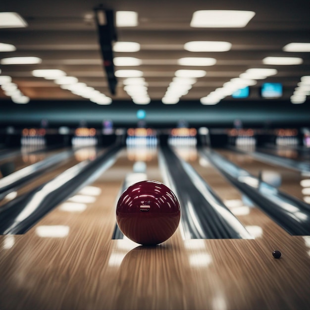 Una bola de bolos lanzada yace sola en el suelo esperando ser golpeada por los bolos