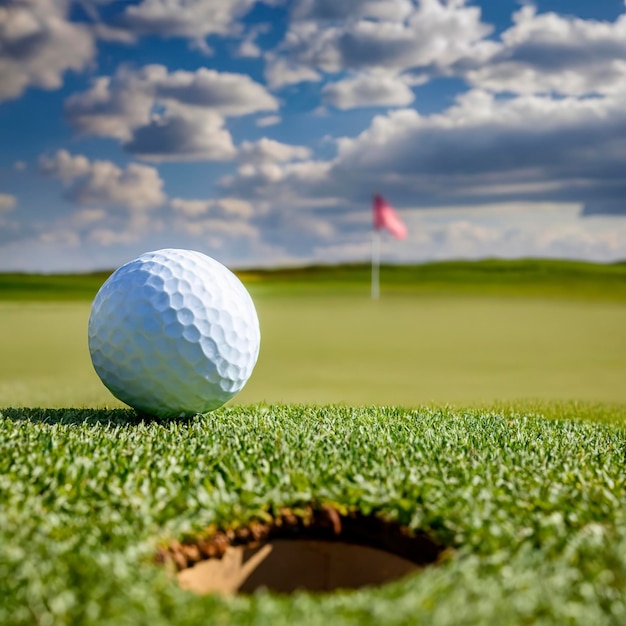 Bola branca colocada na grama verde perto do buraco no chão contra o céu azul nublado durante a partida de golfe