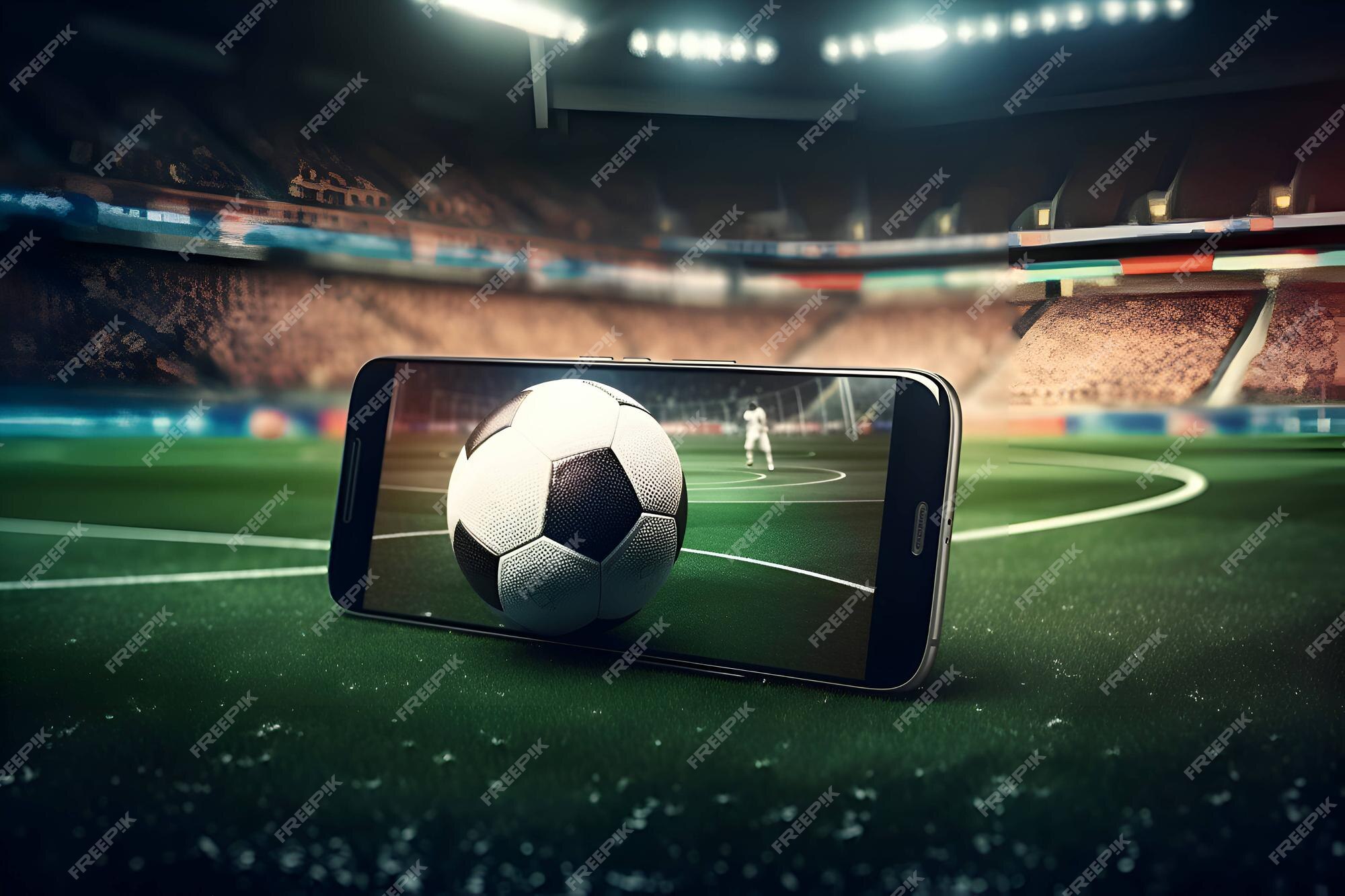 Bola com um smartphone em um fundo azul futebol online 1