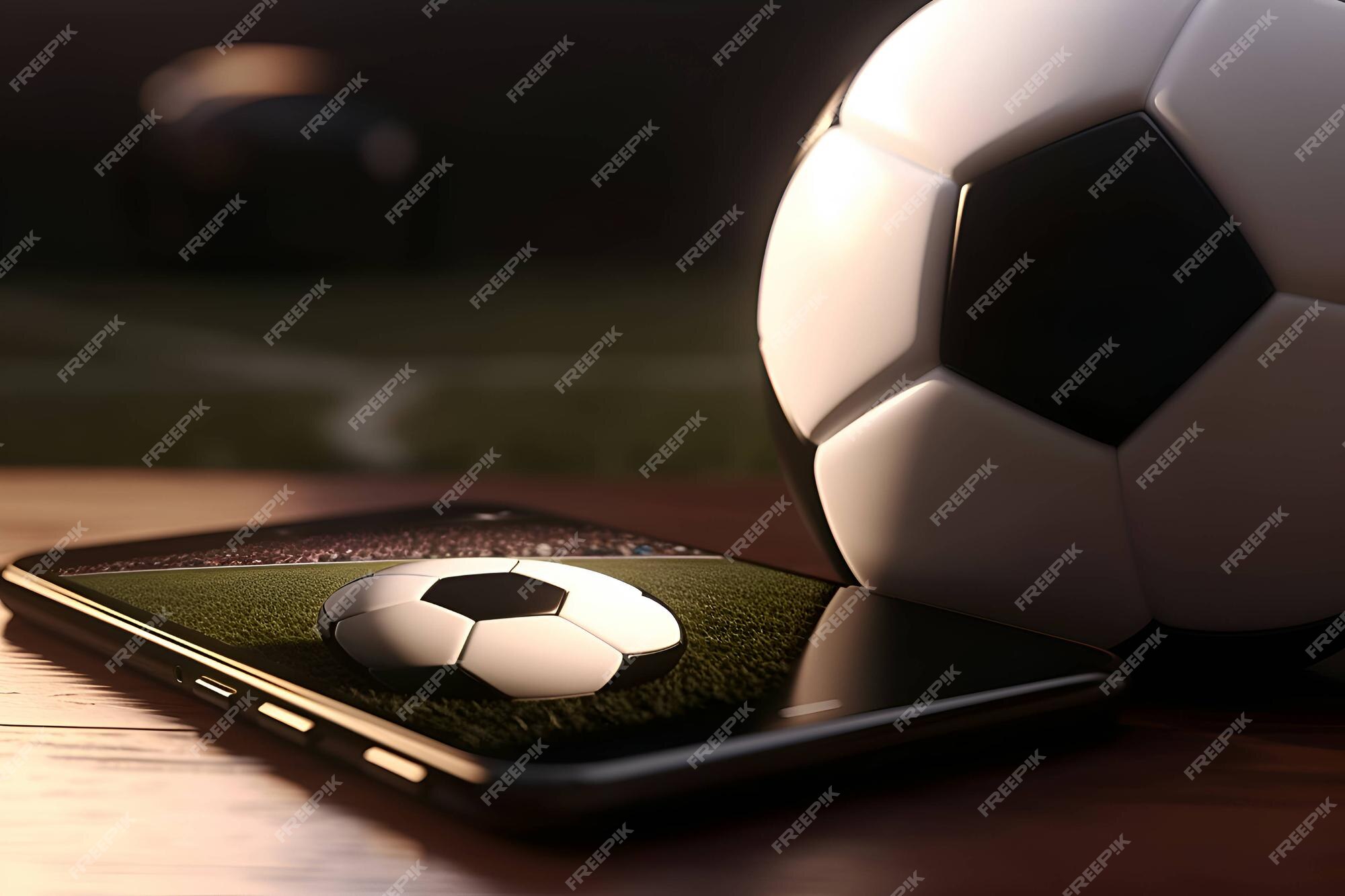 Bola com um smartphone no jogo online 1 do campo de futebol