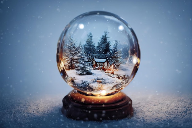 Bola de cristal con un abeto de árbol de Navidad nevado dentro de la nieve que cae decoración navideña realista