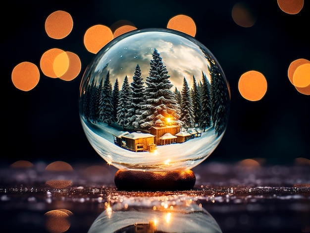 Bola de cristal con árbol en el bosque ilustración 3d