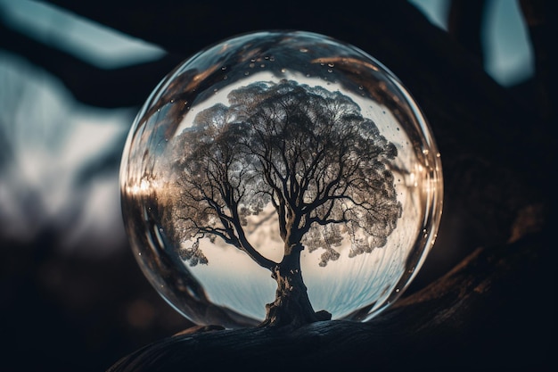 Una bola de cristal con un árbol dentro.