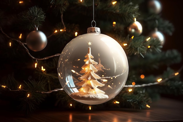 Una bola de cristal con un árbol de navidad dentro