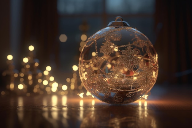 Una bola de cristal con un árbol de navidad