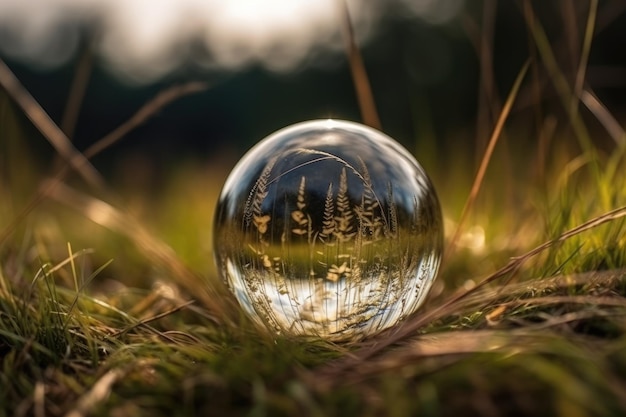 Una bola de cristal con árboles en el césped IA generativa