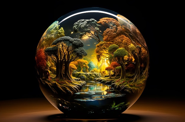 Bola de cristal con árboles dentro del bosque Ecología concepto AI generativo