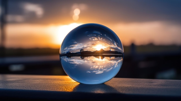 Una bola de cristal con un atardecer de fondo