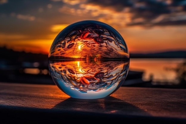 Una bola de cristal con un atardecer de fondo