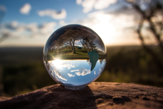 Una bola de cristal con un atardecer de fondo