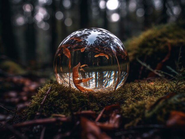 Una bola de cristal en el bosque con una hoja en el centro.