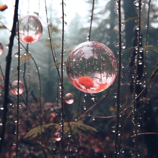 Bola de cristal en el bosque de otoño con gotas de lluvia en la hierba