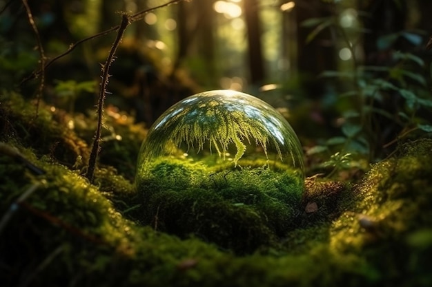 Una bola de cristal en el bosque con el sol brillando a través de ella.