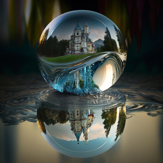 Foto una bola de cristal con un castillo y una fuente de agua en el fondo.