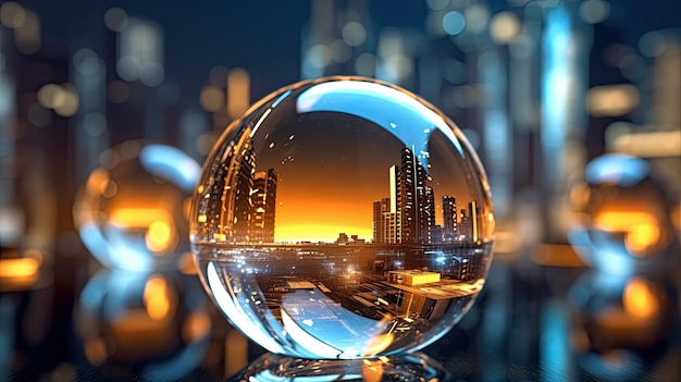 Una bola de cristal con una ciudad al fondo.