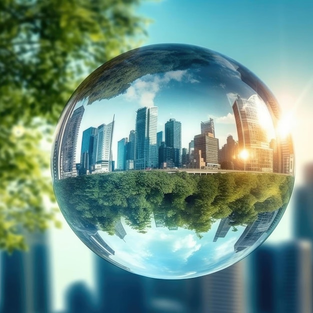 Bola de cristal con ciudad verde y concepto de ecología de fondo de cielo azul