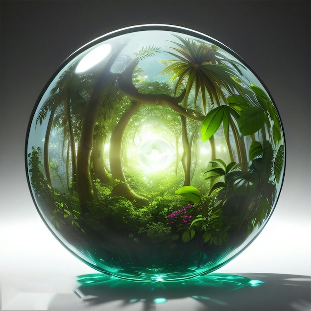 Una bola de cristal con un cristal verde que tiene la imagen de un bosque tropical en su interior.