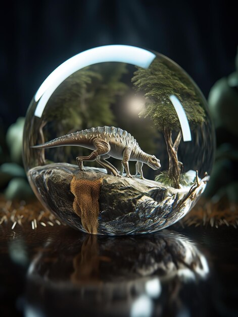 Una bola de cristal con un dinosaurio dentro.