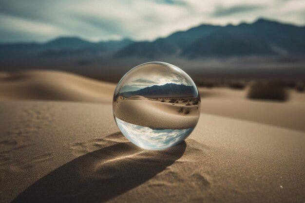 Una bola de cristal se encuentra en medio de un desierto.