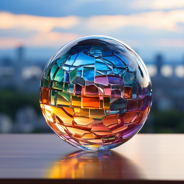 una bola de cristal con una esfera de cristal de color arcoíris sobre una mesa.