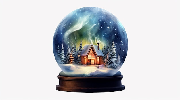 Bola de cristal con estilo de acuarela de casa y bosque de invierno AI generativa