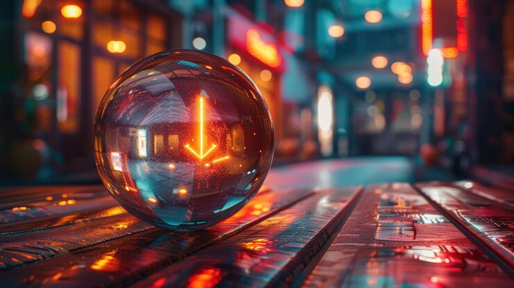 Bola de cristal con flecha hacia abajo en una superficie reflectante Fotografía de estudio con efecto bokeh Concepto de declive y recesión empresarial para diseño e impresión