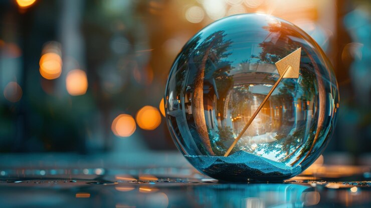 Bola de cristal con flecha hacia arriba en una superficie reflectante Fotografía de estudio con efecto bokeh Crecimiento comercial y concepto de éxito para diseño e impresión