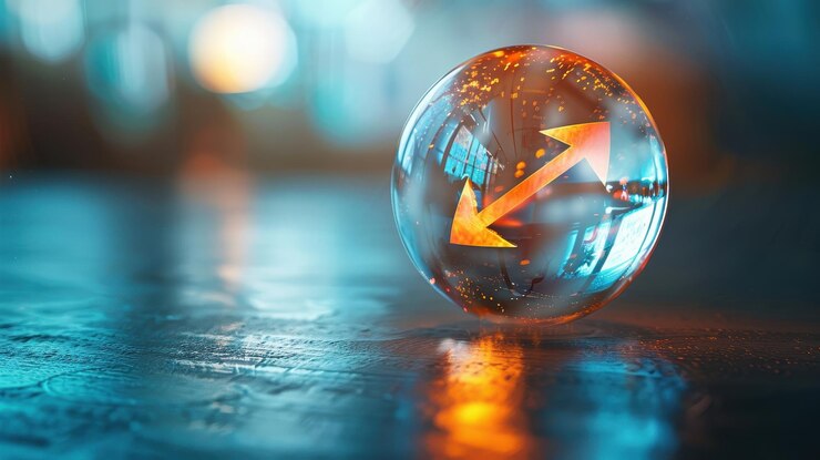 Bola de cristal con flechas bidireccionales en una superficie reflectante Fotografía de estudio con efecto bokeh Opción de negocio y concepto de decisión para diseño e impresión
