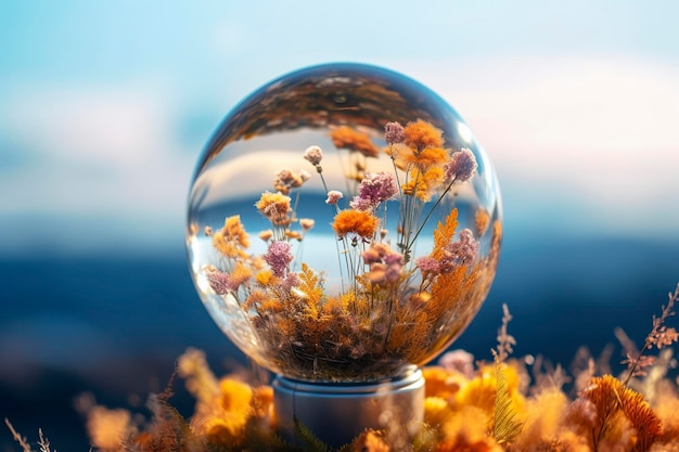 Una bola de cristal con flores en el interior.