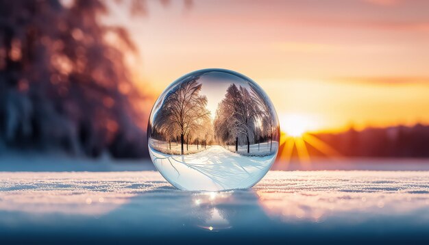 Bola de cristal en el fondo de un hermoso paisaje invernal