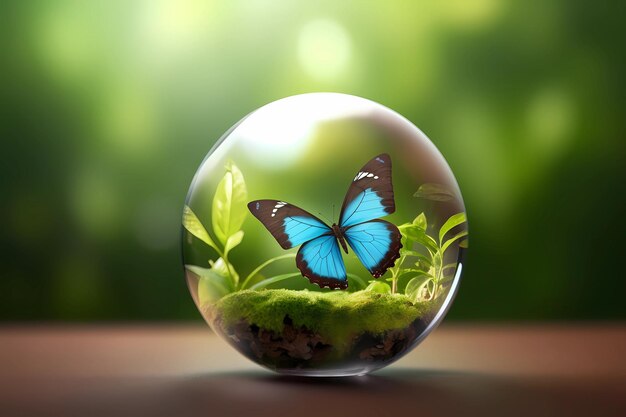 bola de cristal con fondo verde mariposa con bokeh