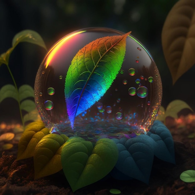 Una bola de cristal con una hoja de arco iris dentro.