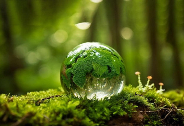 Una bola de cristal con las hojas del bosque sobre ella.