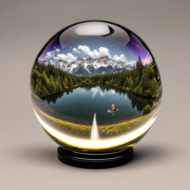 Una bola de cristal con un lago y montañas al fondo.