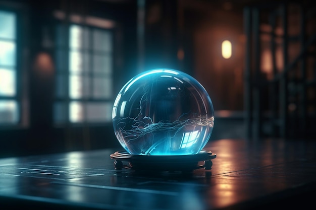 Una bola de cristal con una luz azul sobre una mesa en una habitación oscura.