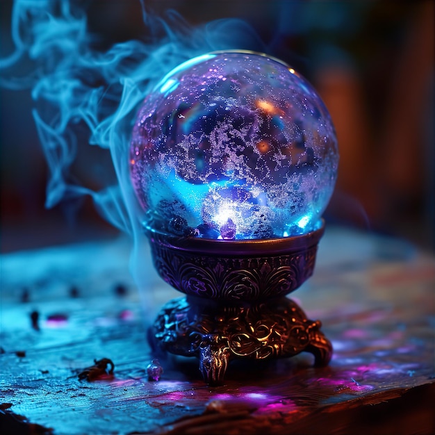 Foto bola de cristal mágica azul y púrpura con humo y electricidad