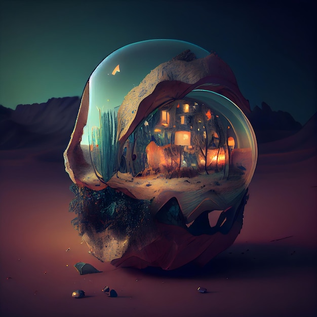Bola de cristal mágica con casa en el desierto ilustración 3D