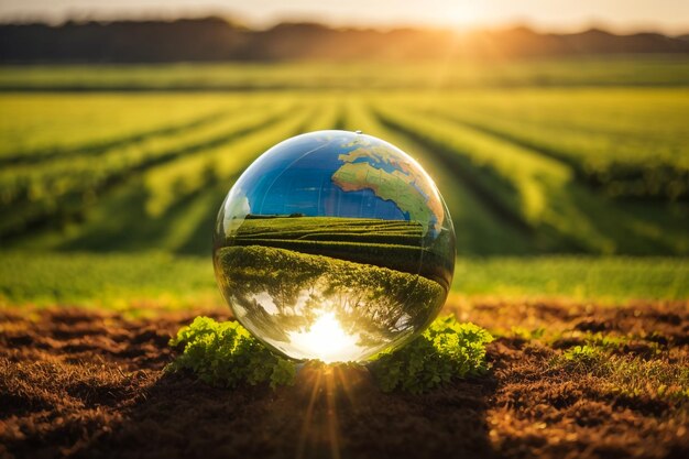 Foto bola de cristal en la mano luz del sol brilla brillante concepto del día del calentamiento global bandera de protección de la tierra