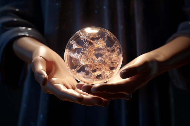 una bola de cristal con las manos sosteniéndola con las palabras "el mundo" en la parte inferior.