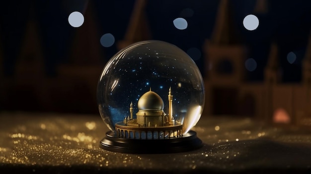Una bola de cristal con una miniatura de la hermosa mezquita y el cielo estrellado con vía láctea