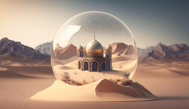 una bola de cristal con una miniatura de mezquita en el interior sobre el desierto
