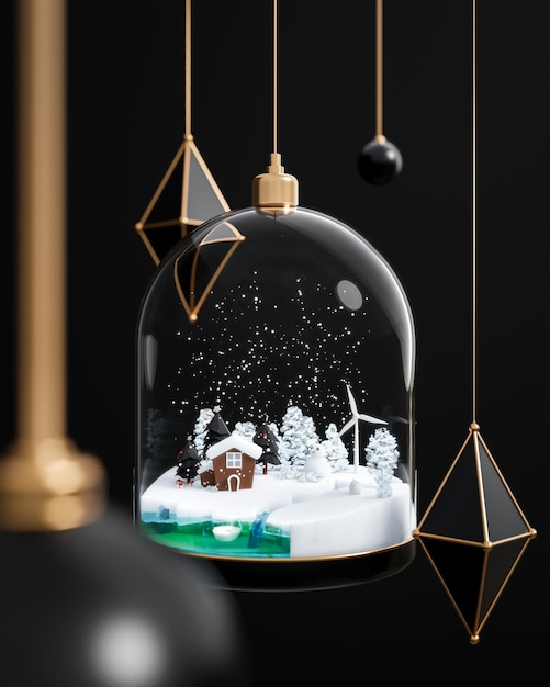 Bola de cristal de navidad ciudad nevada podio y adornos fondo negro publicación en redes sociales 3d render