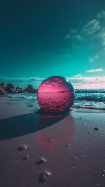 Una bola de cristal en la playa con el mar de fondo